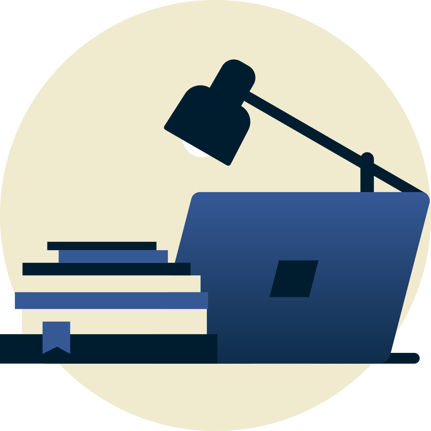 Eine Lampe &uuml;ber Schulb&uuml;chern und ein von Ihnen abgewandter Laptop.