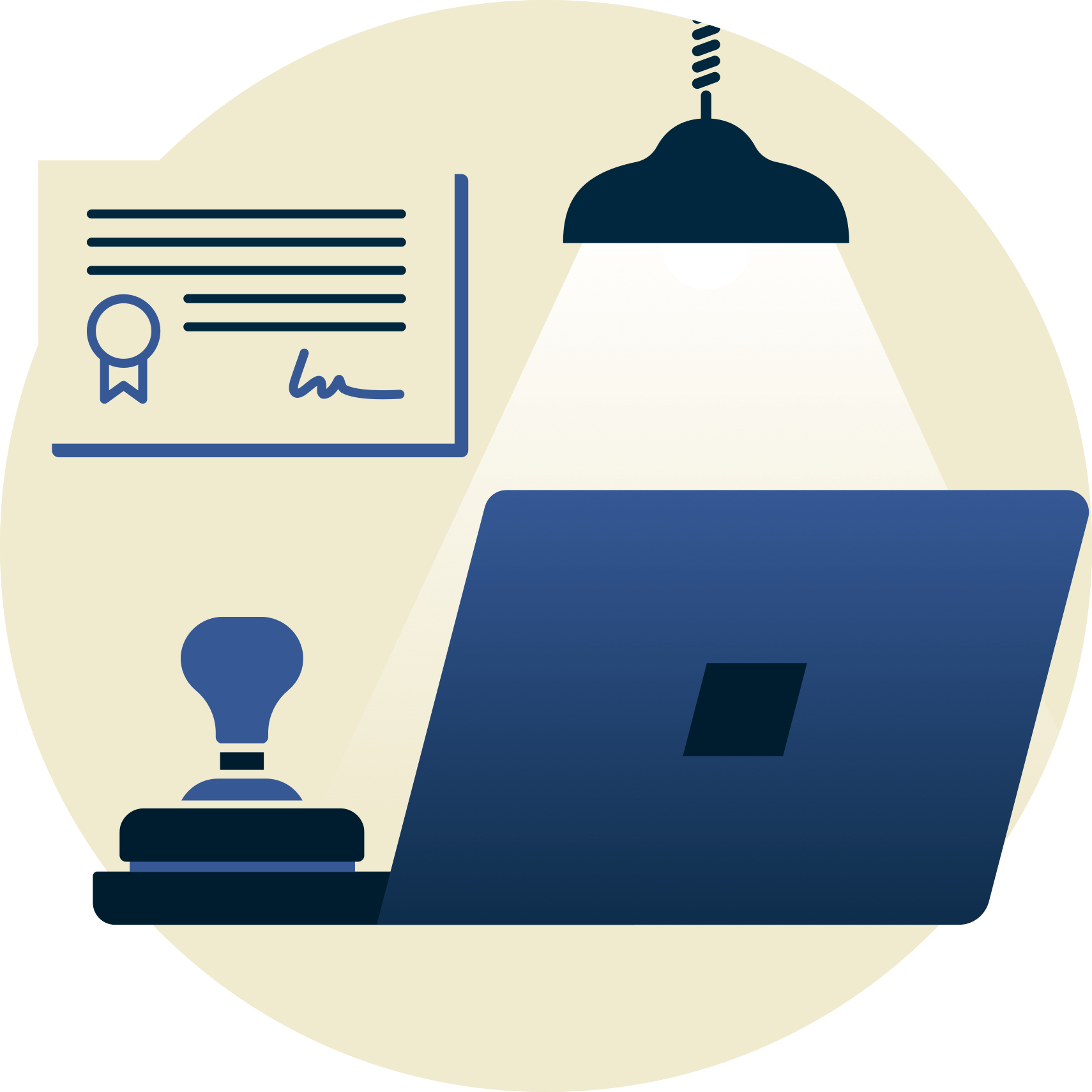 Lampe &uuml;ber einem Stempel und einem Laptop, mit einem Zertifikat im Hintergrund.